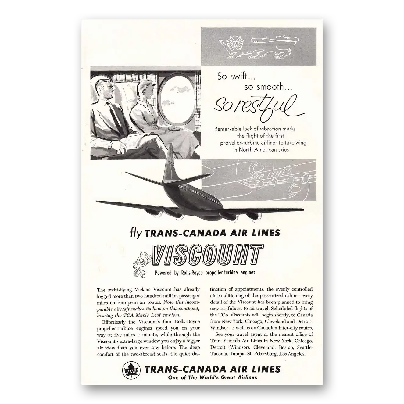 1955 TCA Air Canada Viscount So Restful Vintage Magazine Print Ad