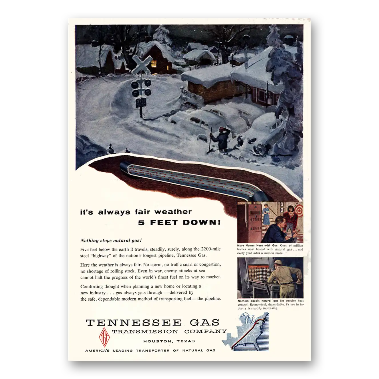 1955 Tennessee Gas Always Fair Weather 5 Feet Down Vintage Magazine Print Ad