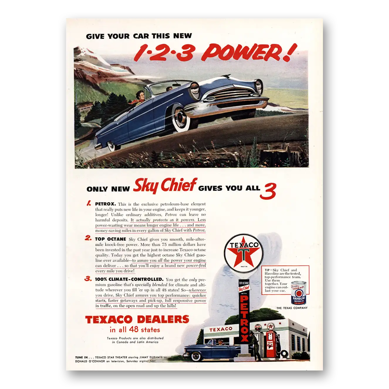 1955 Texaco Sky Chief Gasoline Give Your Car 123 Power Vintage Magazine Print Ad