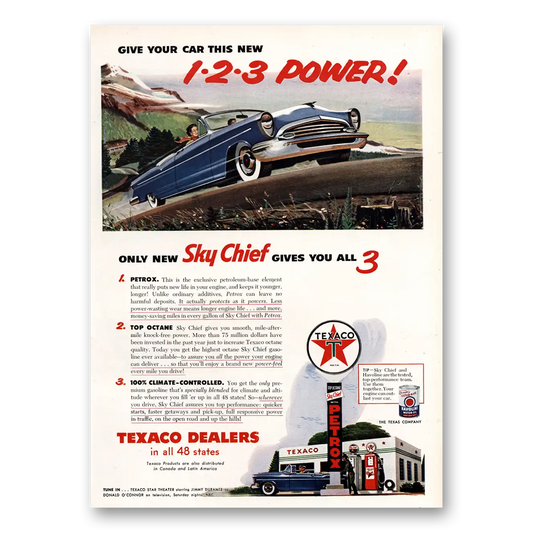 1955 Texaco Sky Chief Gasoline Give Your Car 123 Power Vintage Magazine Print Ad