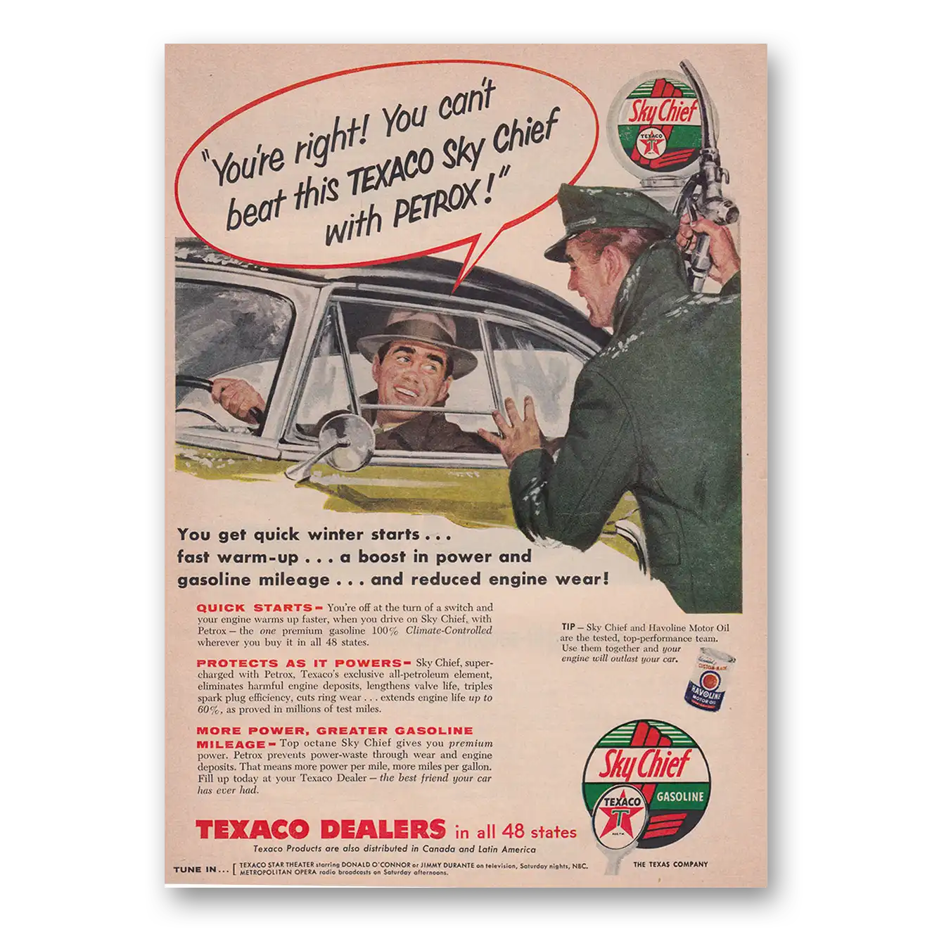 1955 Texaco Sky Chief Gasoline You Cant Beat This Texaco Sky Chief with Petrox Vintage Magazine Print Ad