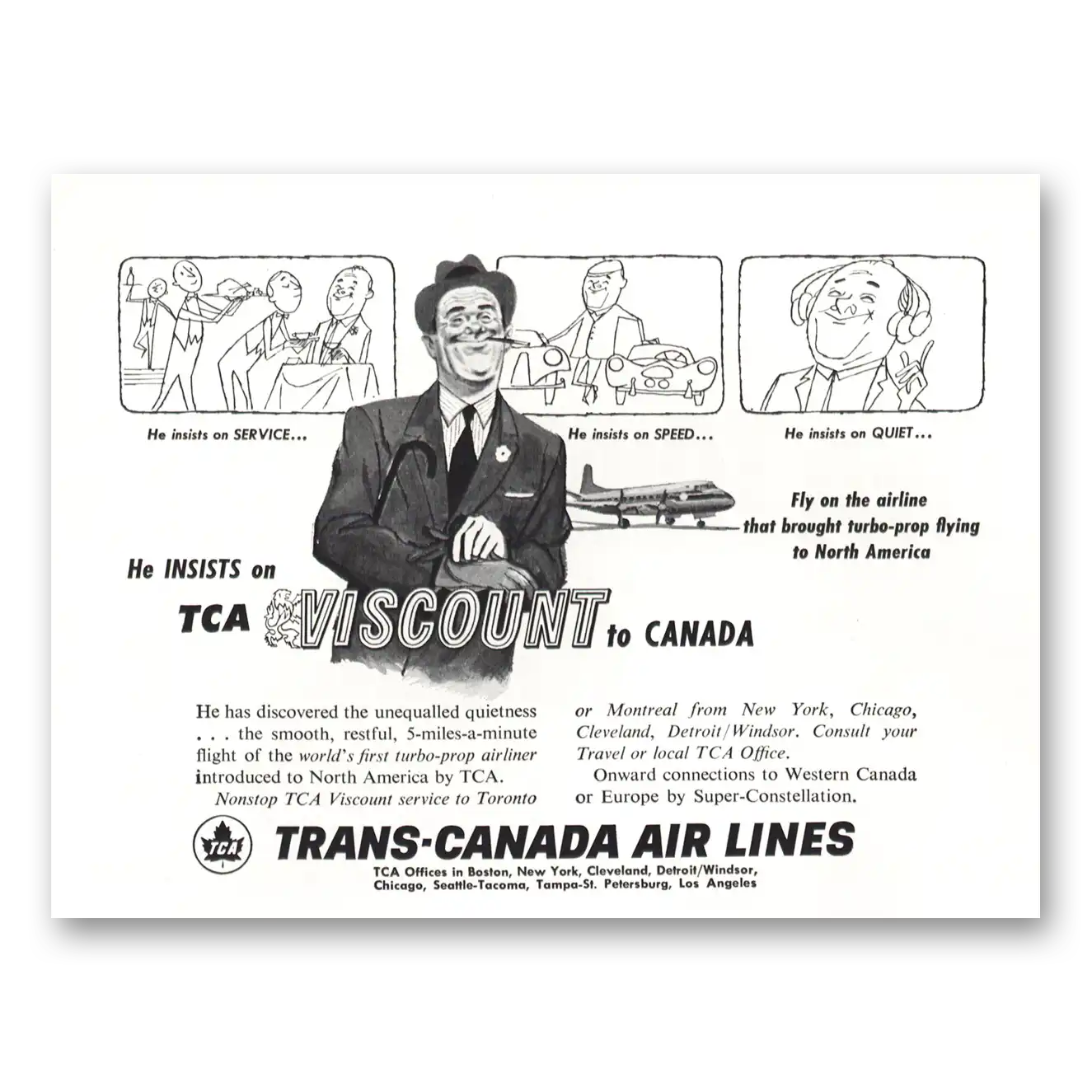 1955 TCA Air Canada He Insists On Viscount Vintage Magazine Print Ad