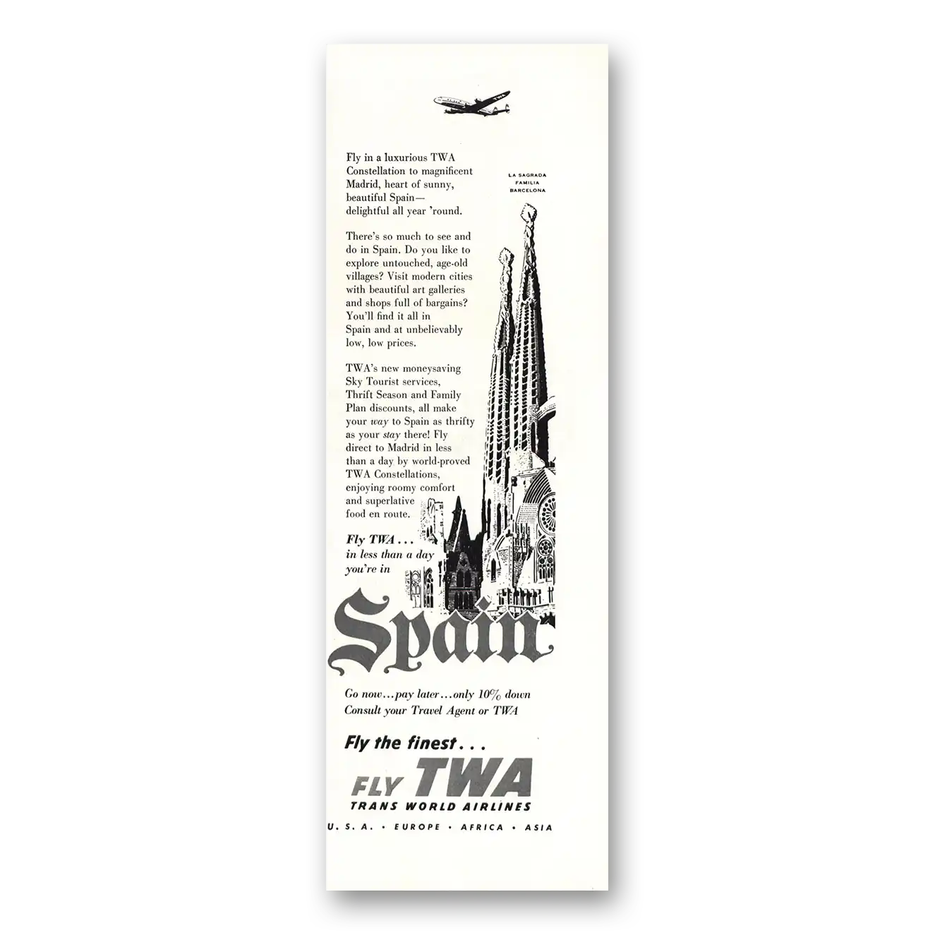 1955 TWA Airlines La Sagrada Familia Barcelona Vintage Magazine Print Ad