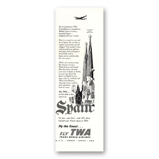 1955 TWA Airlines La Sagrada Familia Barcelona Vintage Magazine Print Ad