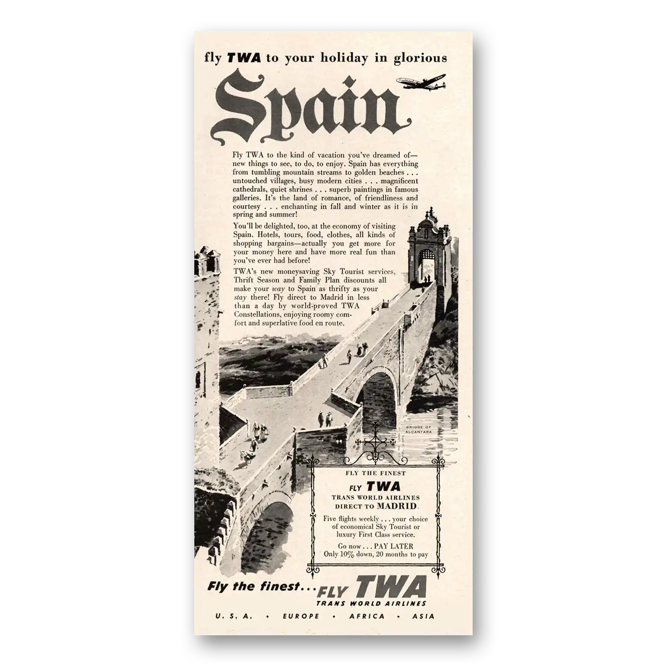 1955 TWA Airlines Holiday In Glorious Spain Vintage Magazine Print Ad