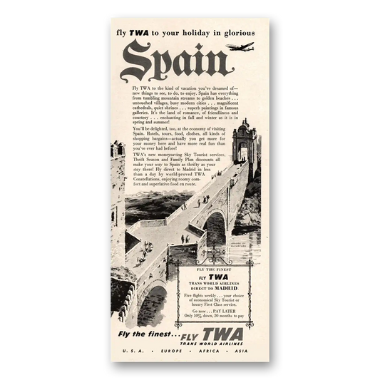 1955 TWA Airlines Holiday In Glorious Spain Vintage Magazine Print Ad