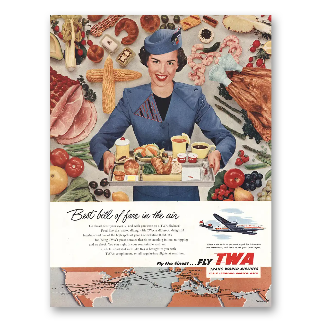 1955 TWA Best Bill of Fare In Air Vintage Magazine Print Ad