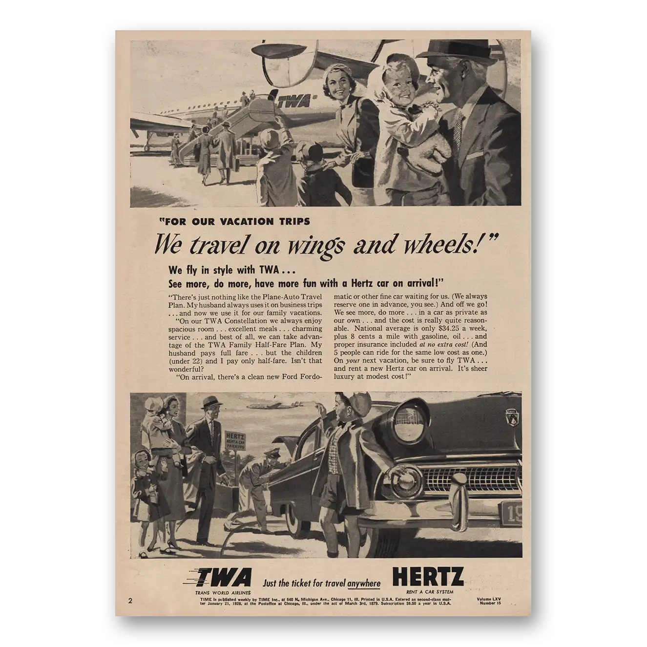 1955 TWA Travel On Wings and Wheels Vintage Magazine Print Ad