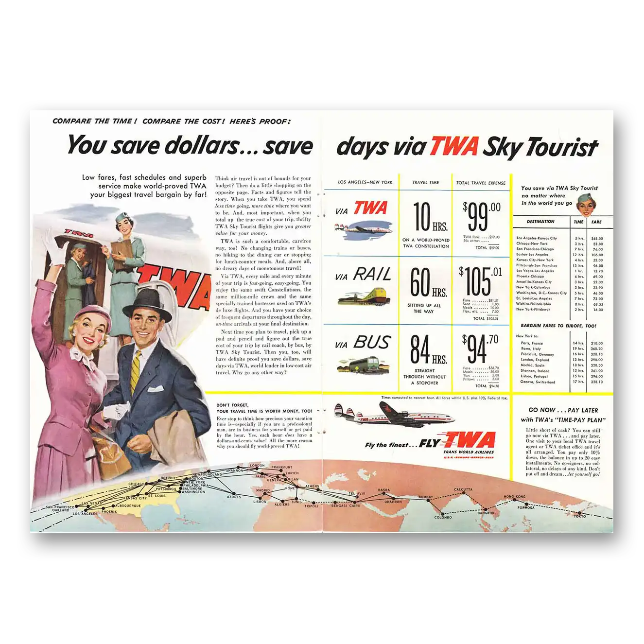 1955 TWA Airlines Sky Tourist Vintage Magazine Print Ad