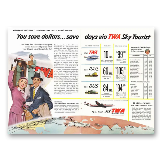 1955 TWA Airlines Sky Tourist Vintage Magazine Print Ad