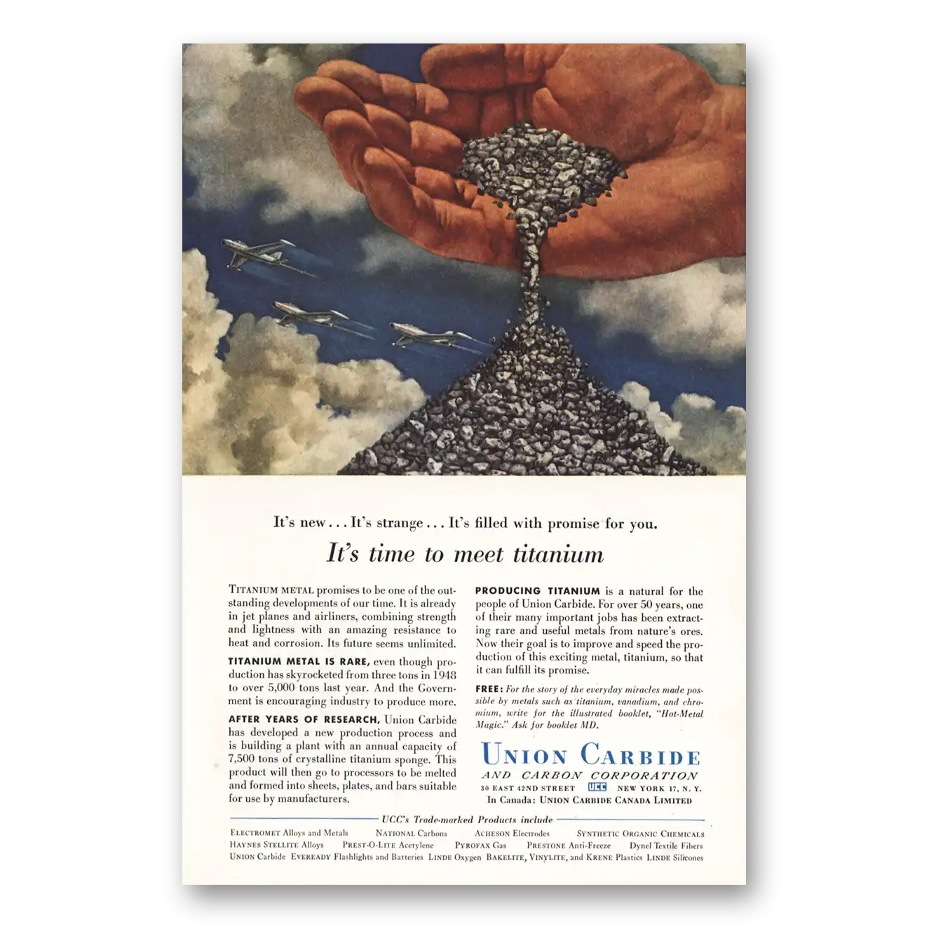 1955 Union Carbide Time to Meet Titanium Vintage Magazine Print Ad