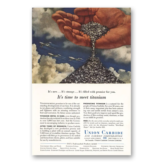 1955 Union Carbide Time to Meet Titanium Vintage Magazine Print Ad