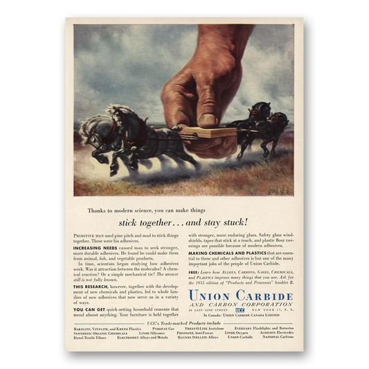 1955 Union Carbide Stick Together and Stay Stuck Vintage Magazine Print Ad