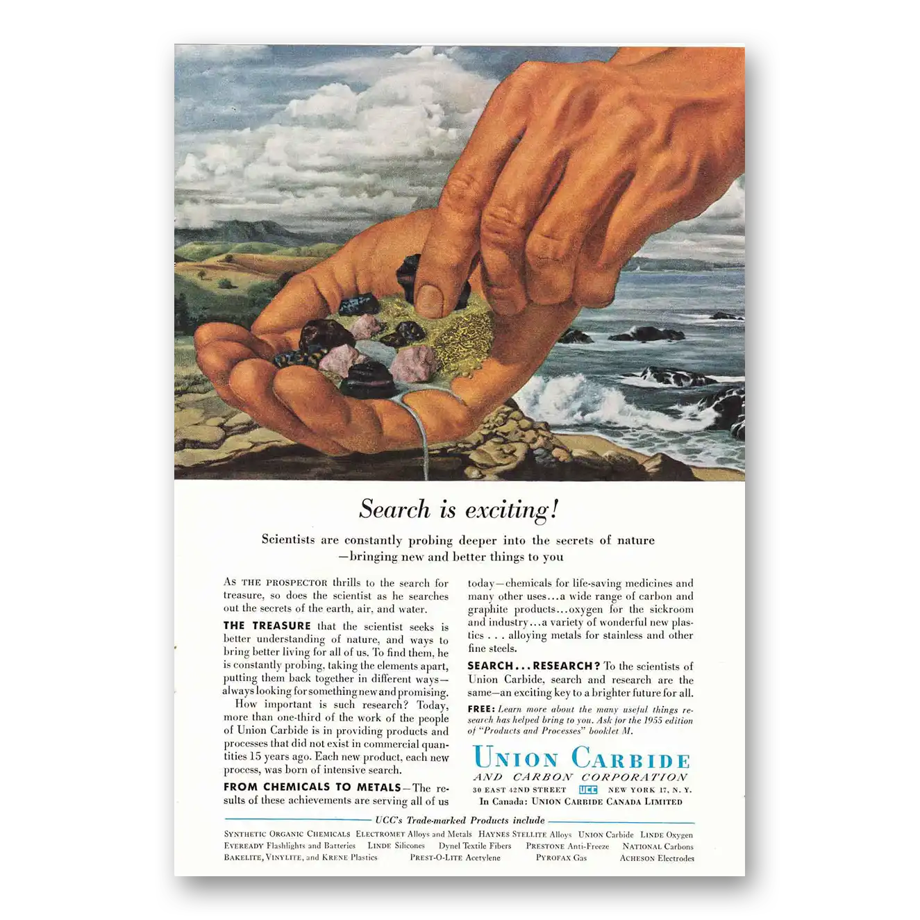 1955 Union Carbide Search is Exciting Vintage Magazine Print Ad