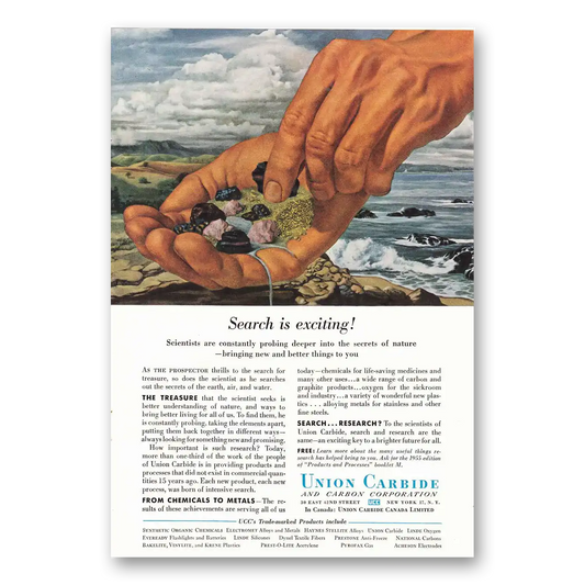 1955 Union Carbide Search is Exciting Vintage Magazine Print Ad