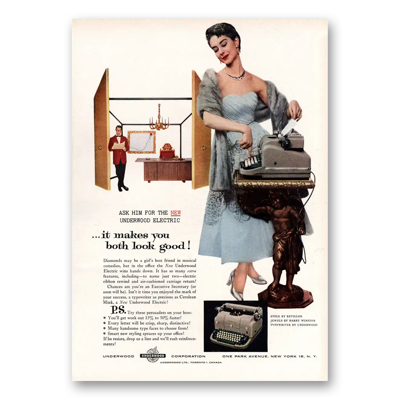 1955 Underwood Typewriter Makes You Both Look Good Vintage Magazine Print Ad