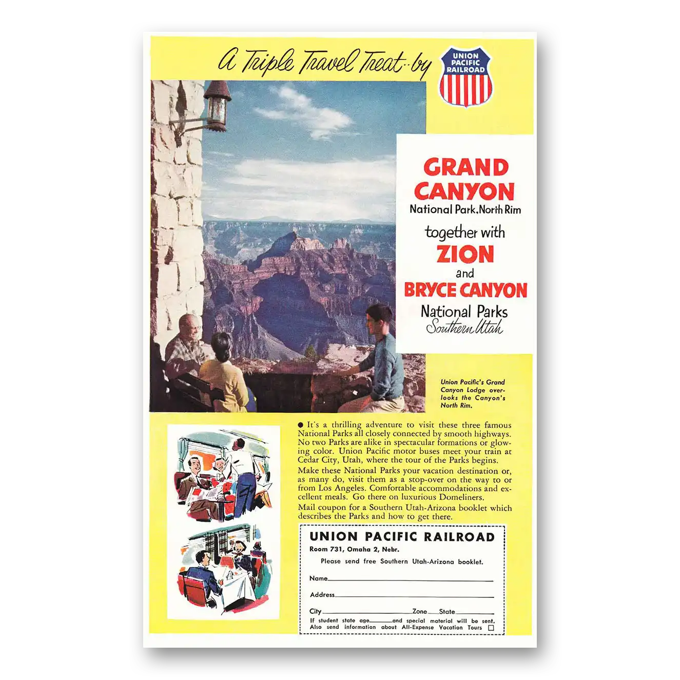 1955 Union Pacific Railroad Grand Canyon Zion Bryce Vintage Magazine Print Ad