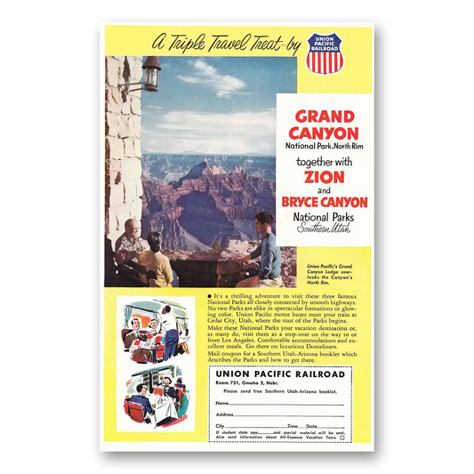 1955 Union Pacific Railroad Grand Canyon Zion Bryce Vintage Magazine Print Ad