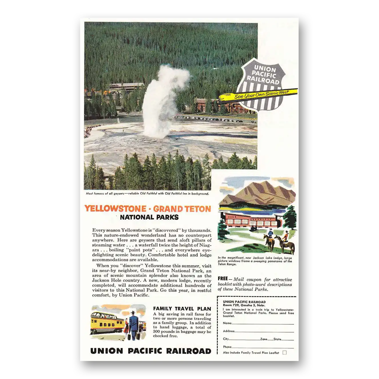 1955 Union Pacific Railroad Old Faithful Yellowstone Vintage Magazine Print Ad