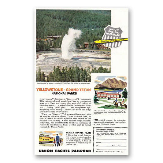 1955 Union Pacific Railroad Old Faithful Yellowstone Vintage Magazine Print Ad