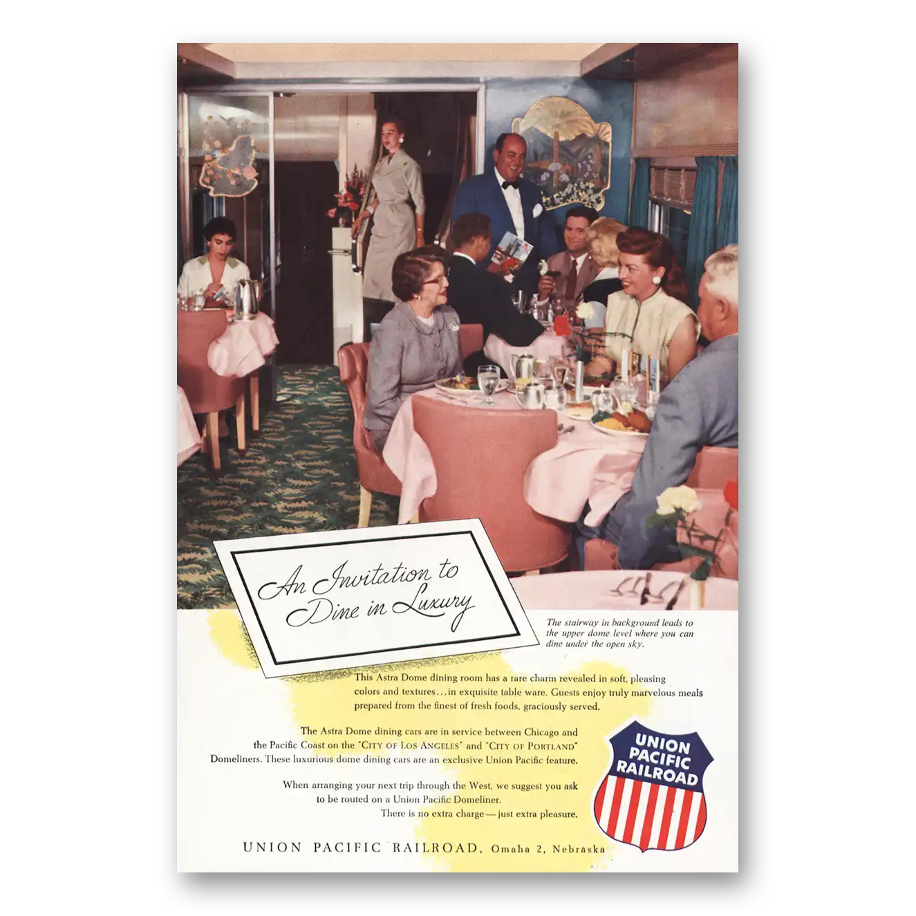 1955 Union Pacific Railroad Invitation to Dine in Luxury Vintage Magazine Print Ad