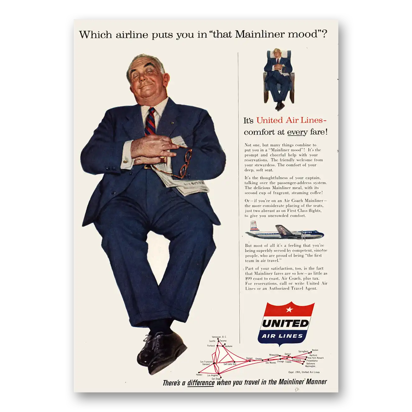 1955 United Airlines Airline Puts You In Mainliner Mood Vintage Magazine Print Ad