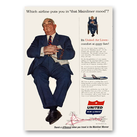 1955 United Airlines Airline Puts You In Mainliner Mood Vintage Magazine Print Ad