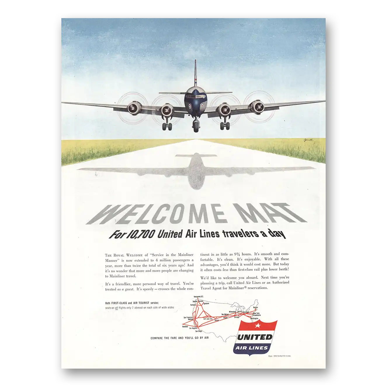 1953 United Airlines Welcome Mat 10700 Travelers Day Vintage Magazine Print Ad