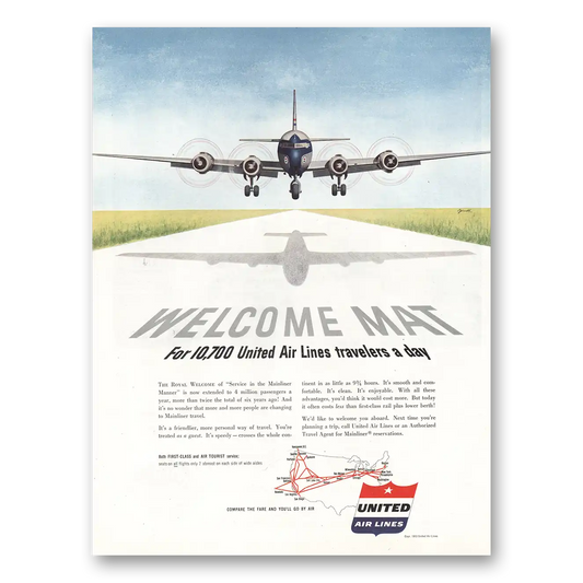 1953 United Airlines Welcome Mat 10700 Travelers Day Vintage Magazine Print Ad