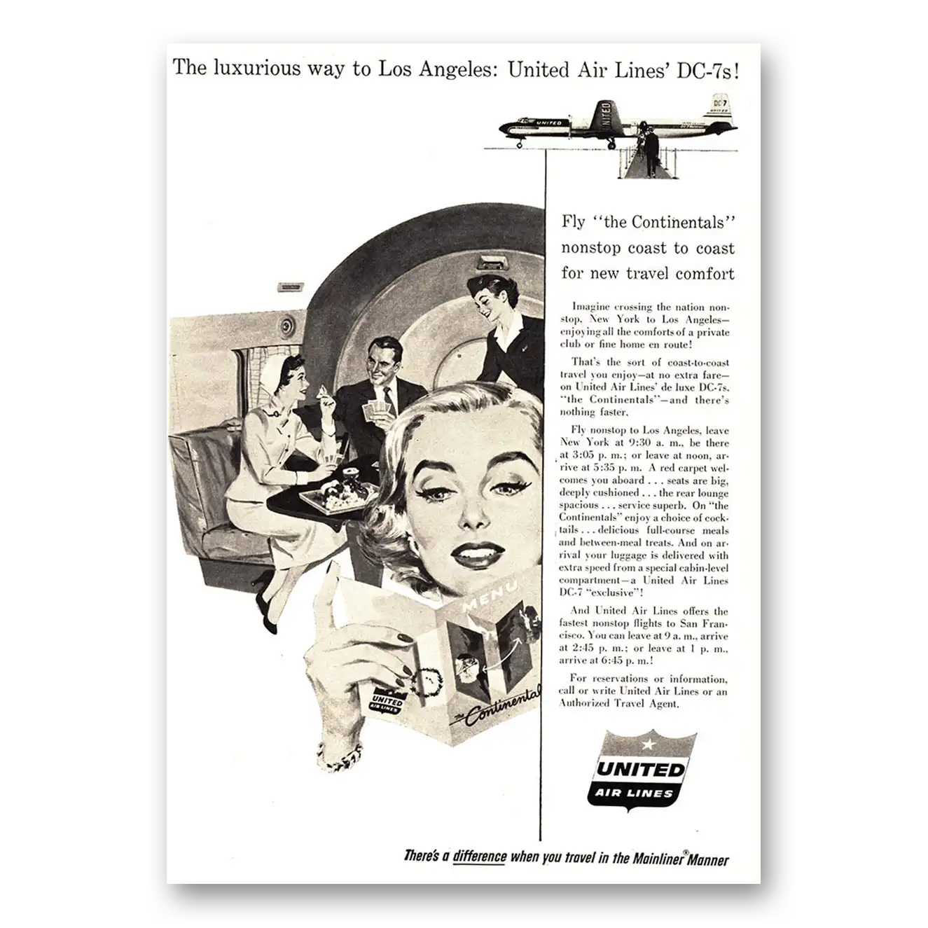 1955 United Airlines Luxurious Way to Los Angeles Vintage Magazine Print Ad