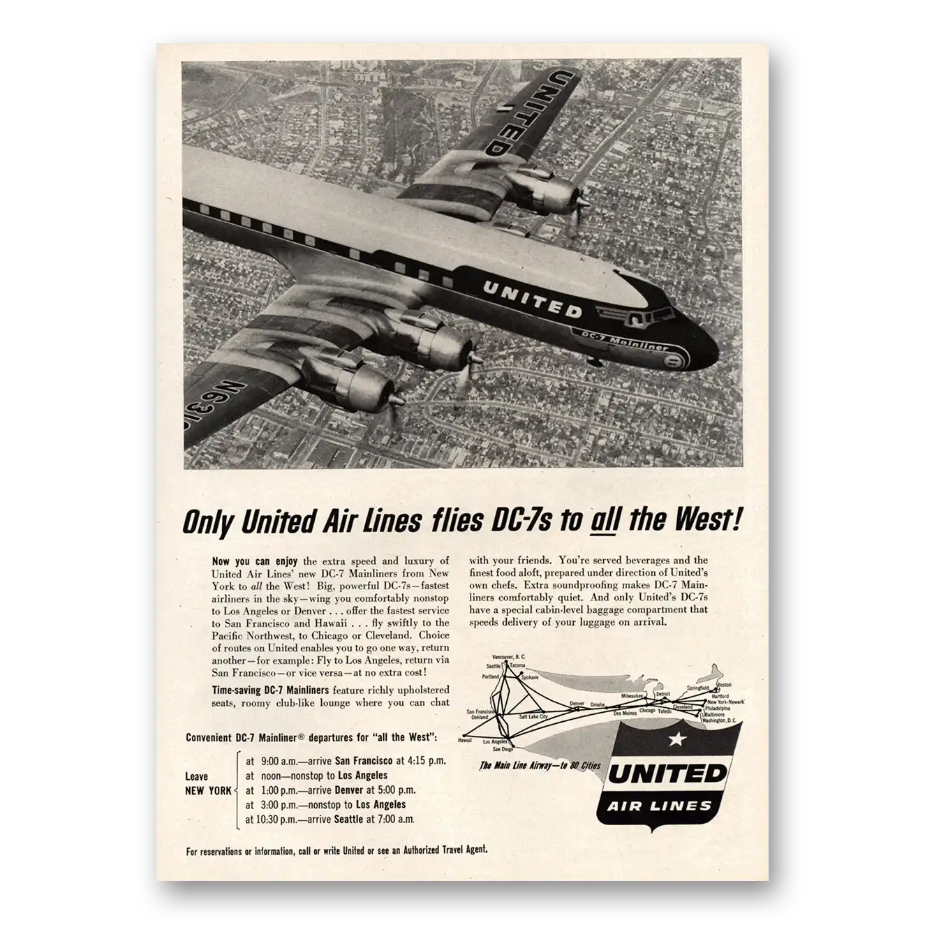 1955 United Airlines DC7s To All the West Vintage Magazine Print Ad