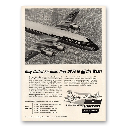 1955 United Airlines DC7s To All the West Vintage Magazine Print Ad