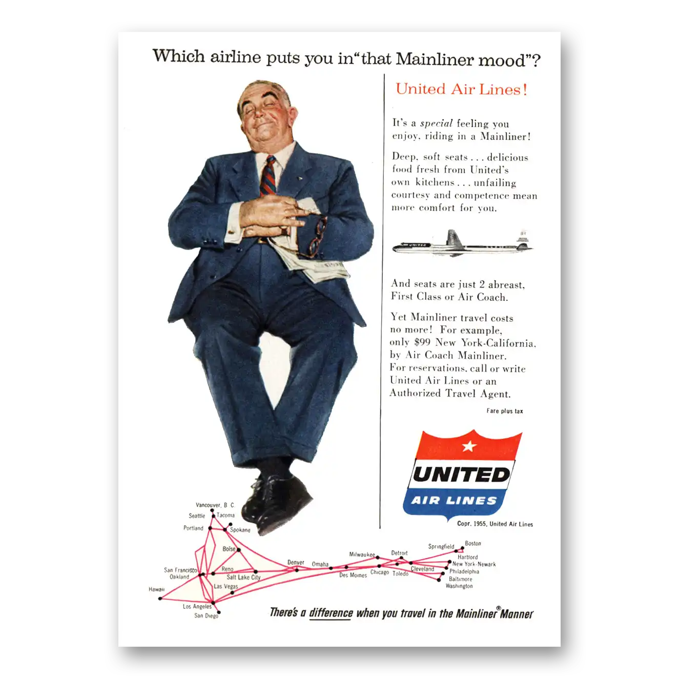 1955 United Airlines That Mainliner Mood Vintage Magazine Print Ad