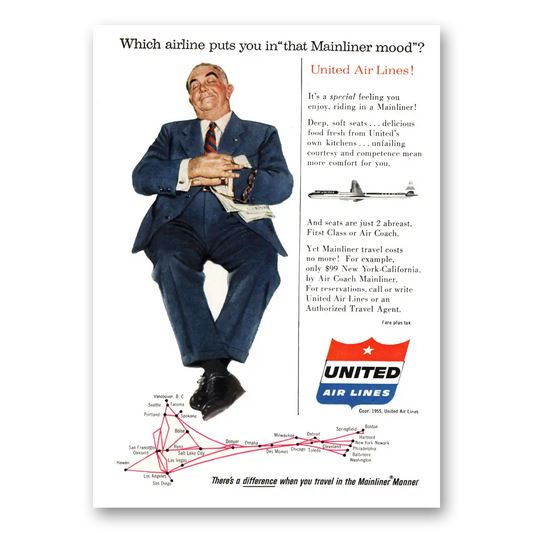 1955 United Airlines That Mainliner Mood Vintage Magazine Print Ad