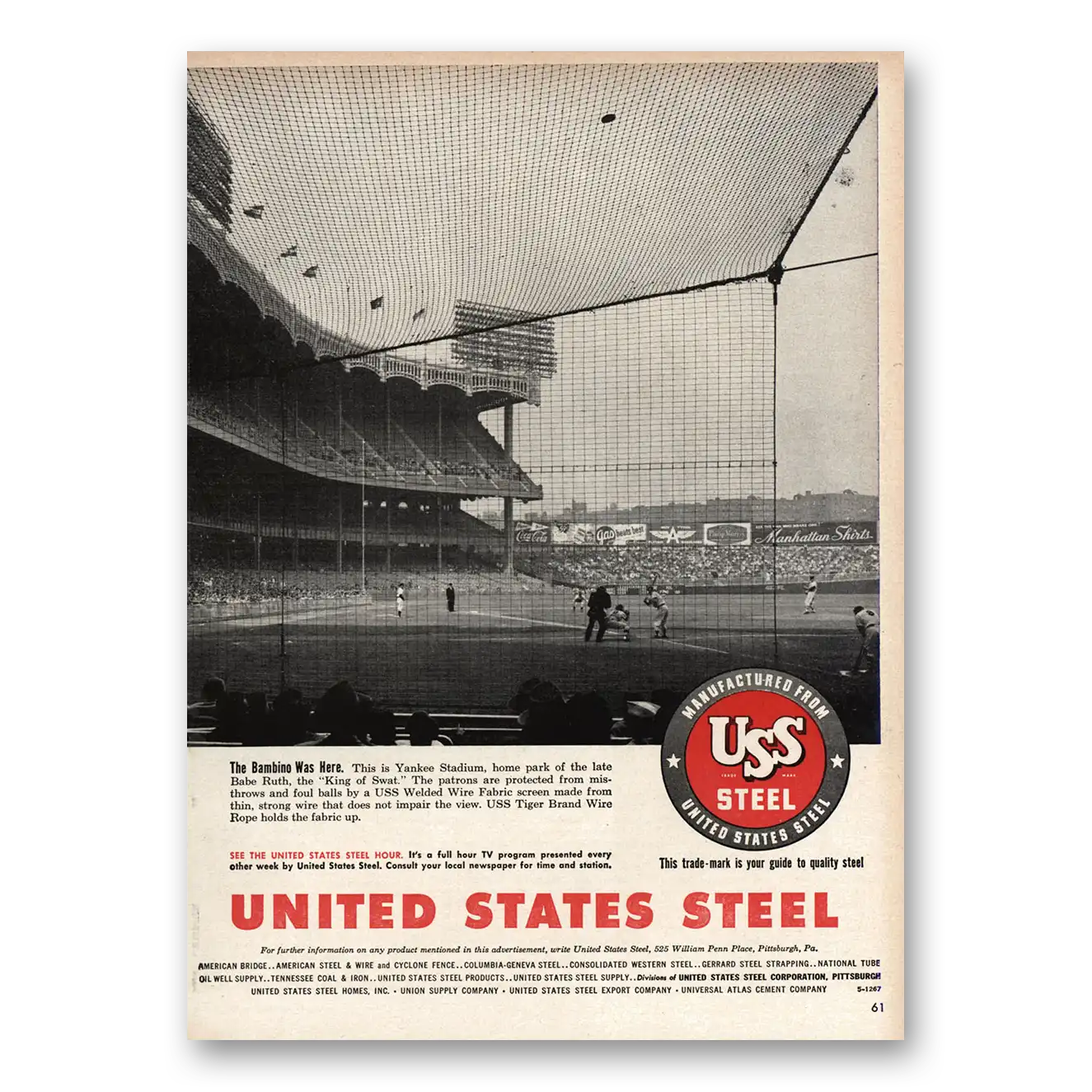 1955 United States Steel Bambino Was Here Yankee Stadium Vintage Magazine Print Ad