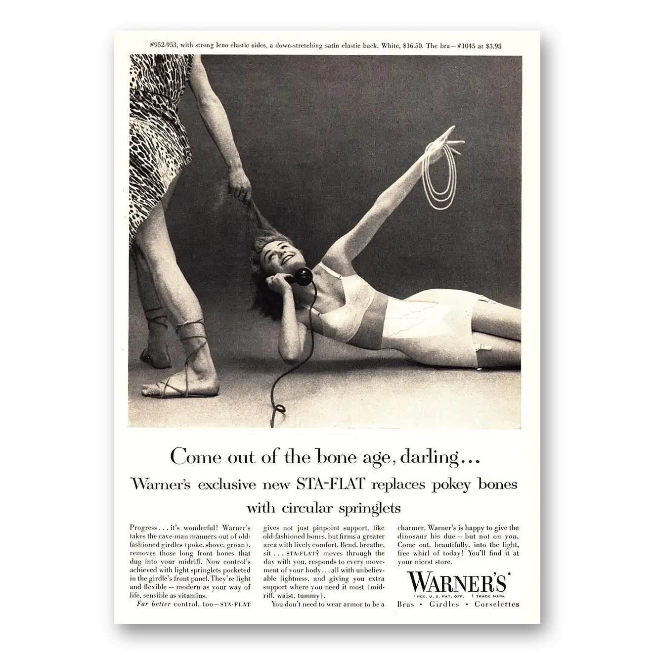 1955 Warners Undergarments Come Out of the Bone Age Darling Vintage Magazine Print Ad