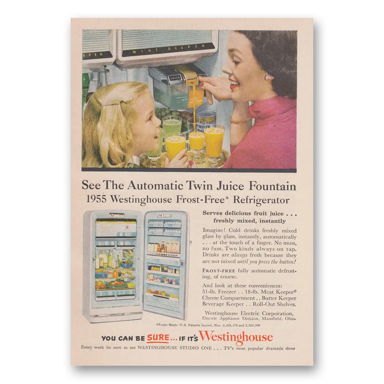 1955 Westinghouse Refrigerator Automatic Twin Juice Fountain Vintage Magazine Print Ad