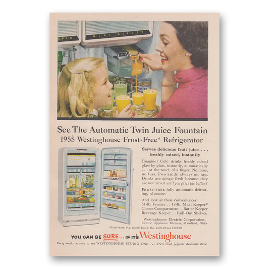 1955 Westinghouse Refrigerator Automatic Twin Juice Fountain Vintage Magazine Print Ad