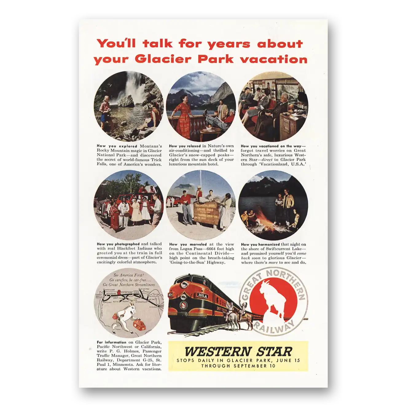 1955 Great Northern Railway Western Star Glacier Park Vintage Magazine Print Ad