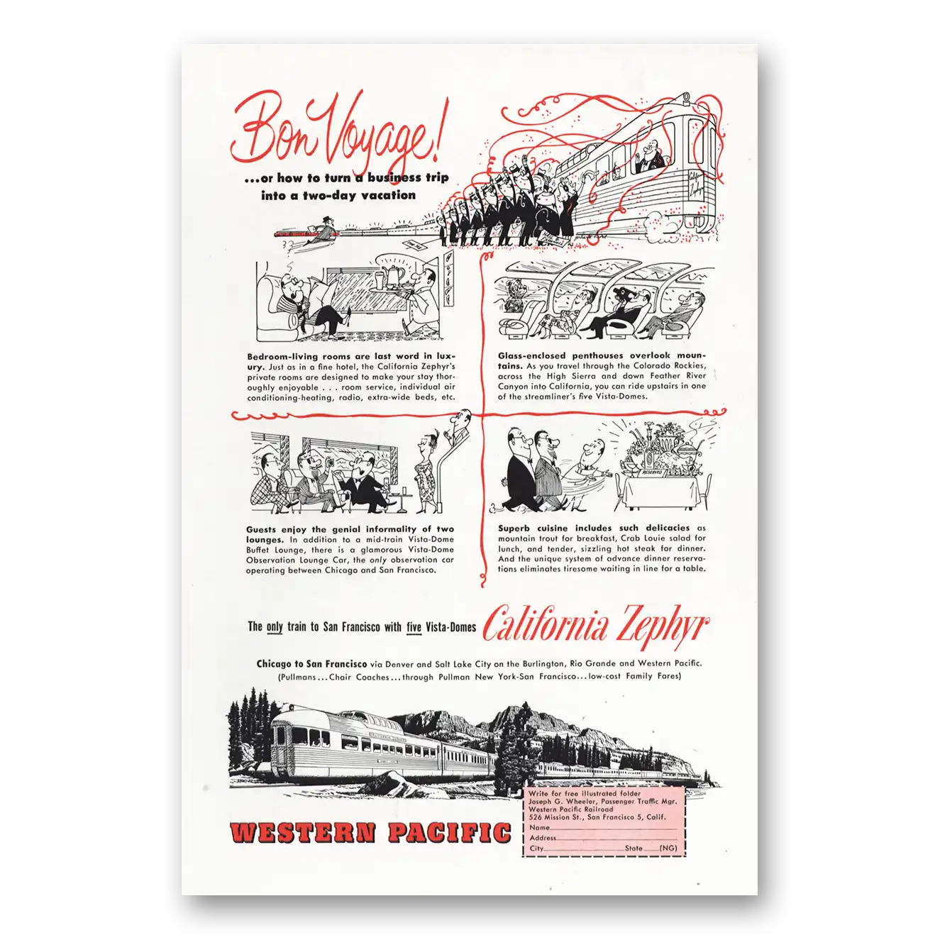 1955 California Zephyr Bon Voyage Vintage Magazine Print Ad