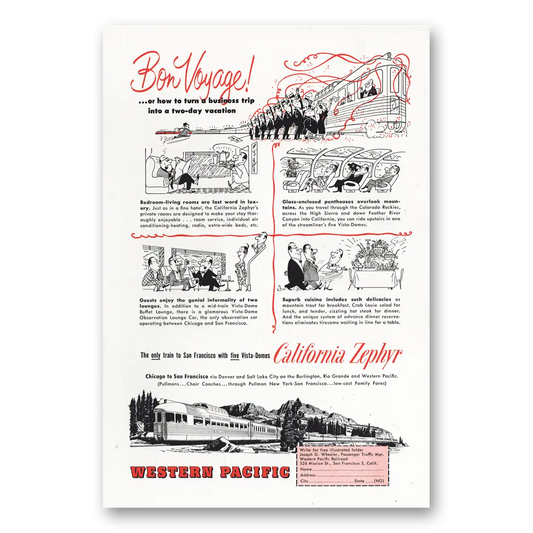 1955 California Zephyr Bon Voyage Vintage Magazine Print Ad