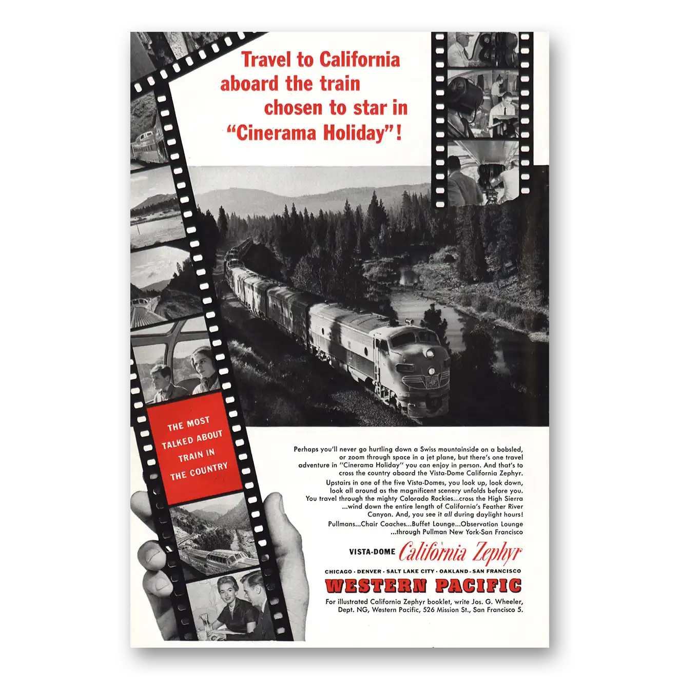 1955 California Zephyr Cinerama Holiday Vintage Magazine Print Ad