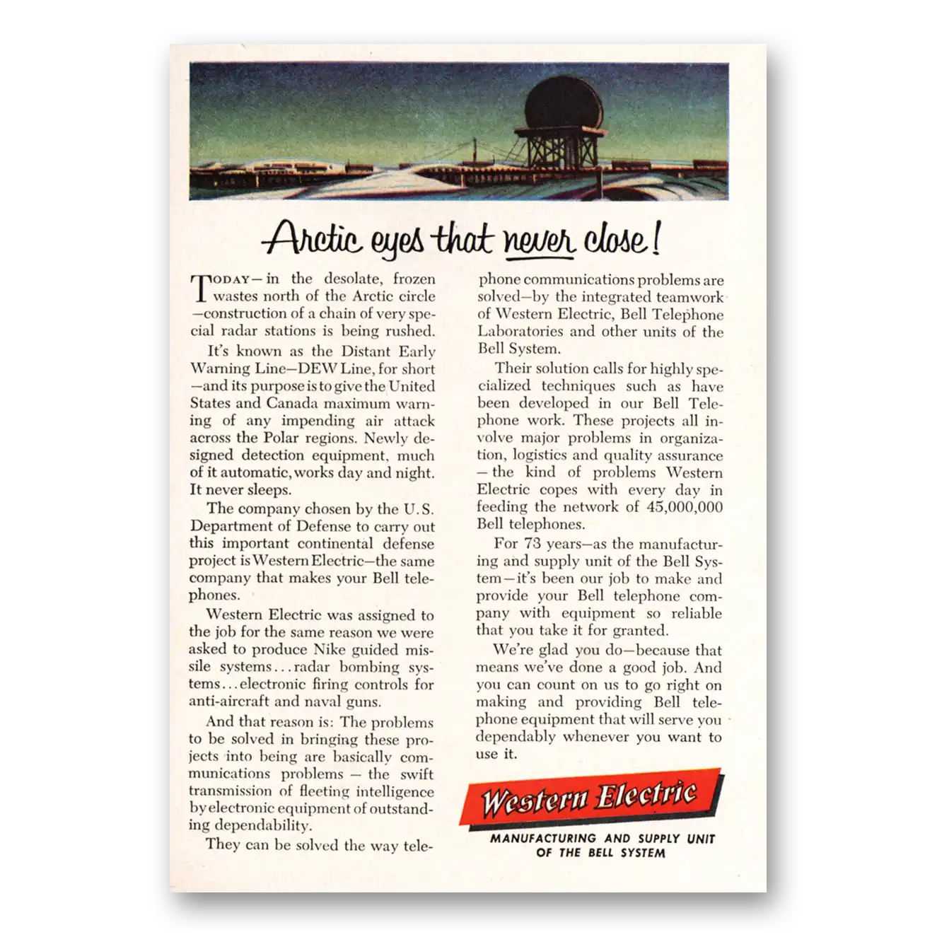 1955 Western Electric Arctic Eyes That Never Close Vintage Magazine Print Ad