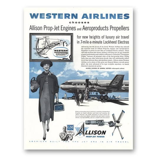 1956 Western Air Lines Allison Prop Jet Engines Vintage Magazine Print Ad