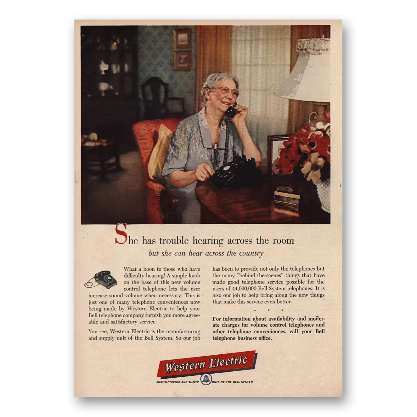 1955 Western Electric She Has Trouble Hearing Across Room Vintage Magazine Print Ad