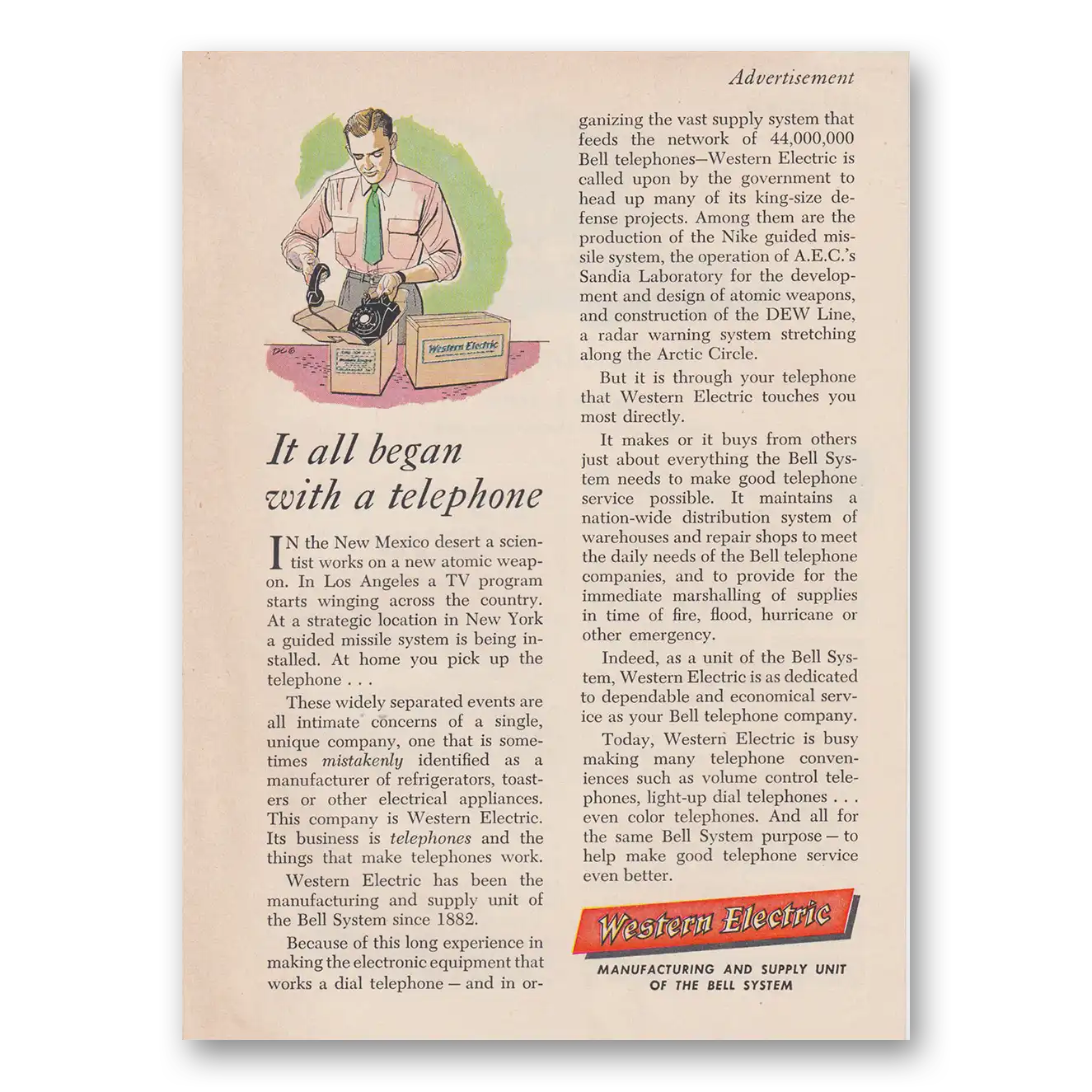 1955 Western Electric All Began With a Telephone Vintage Magazine Print Ad