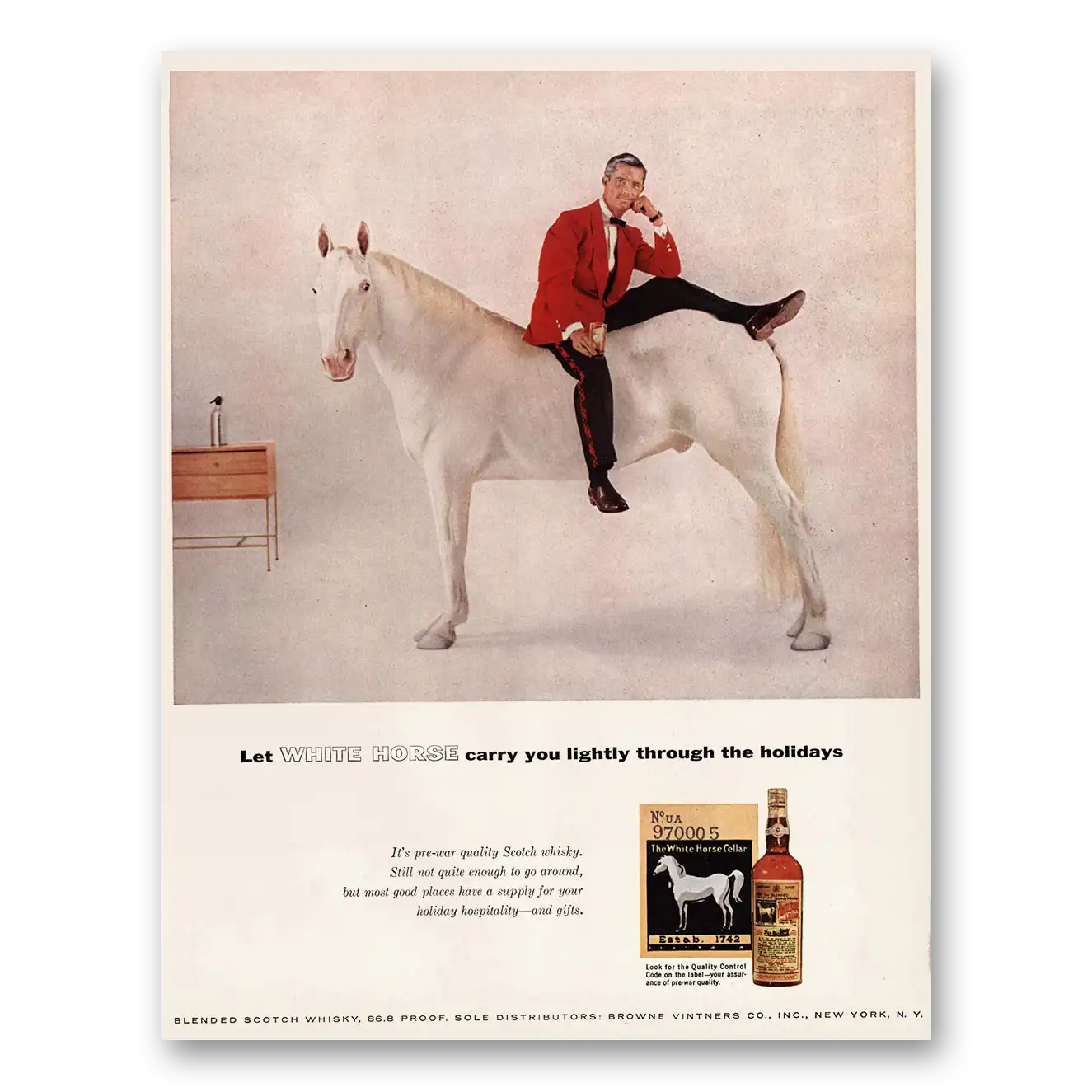 1955 White Horse Scotch Whisky Carry You Lightly Through Holidays Vintage Magazine Print Ad