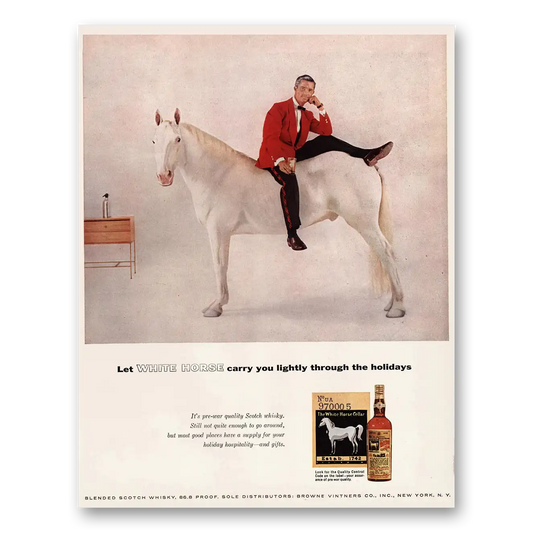 1955 White Horse Scotch Whisky Carry You Lightly Through Holidays Vintage Magazine Print Ad