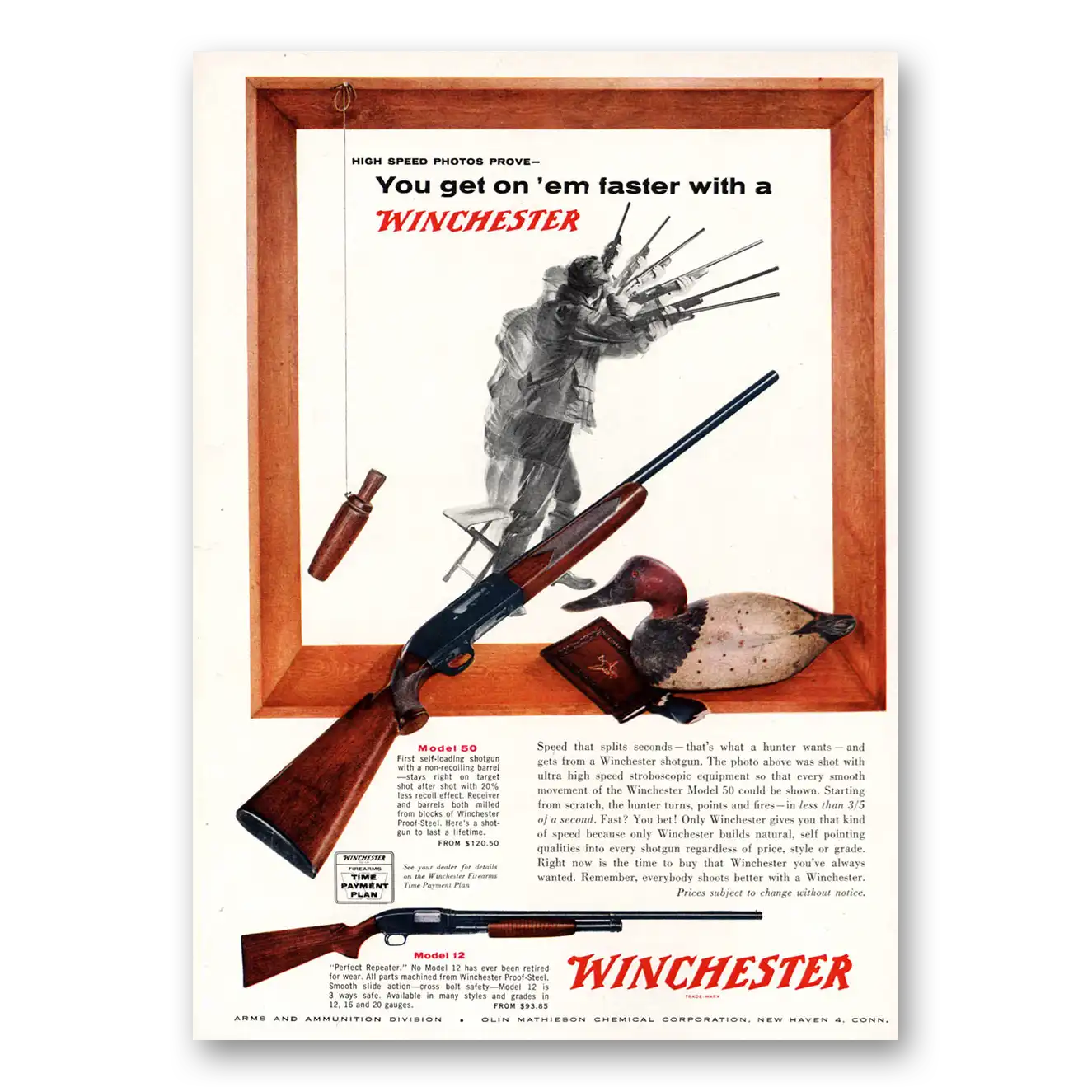 1955 Winchester Repeating Arms Rifle You Get On Em Faster Vintage Magazine Print Ad