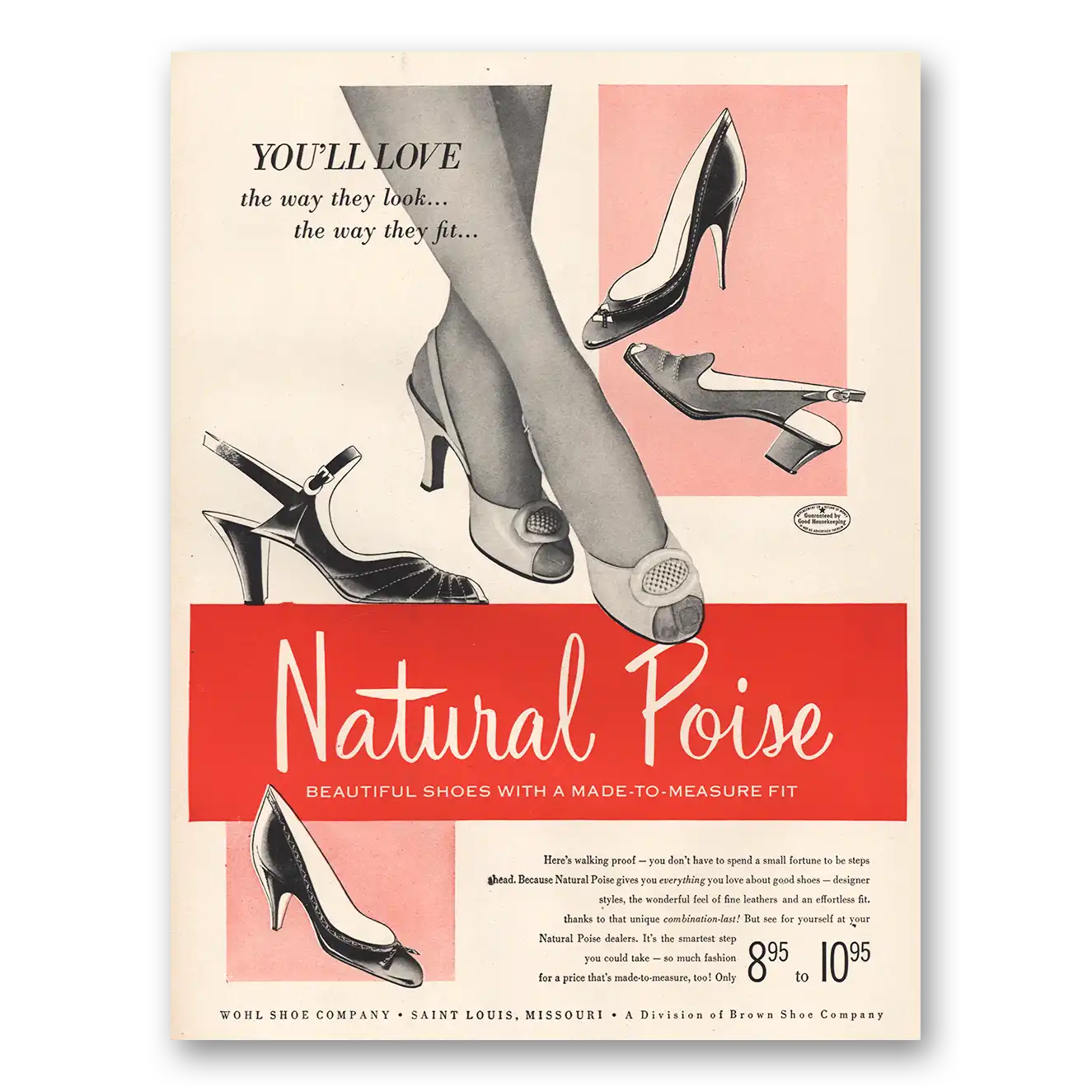 1955 Wohl Shoes Natural Poise Vintage Magazine Print Ad